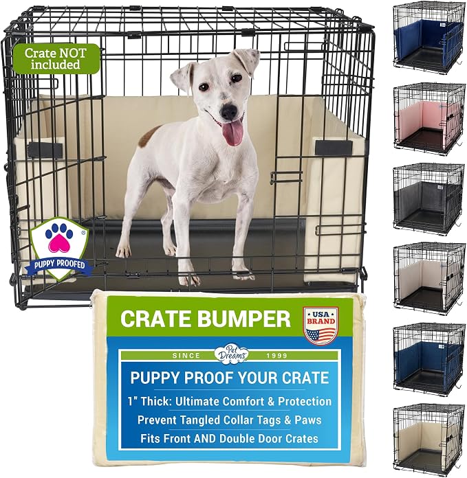 Pet Dreams Dog Crate Bumper - Patented Comfy Liner & Dog Tail Protector for Inside Crate, Fits iCrate Cages 18, 24, 30, 36, 42, 48 Inches (Khaki, Small, 24")