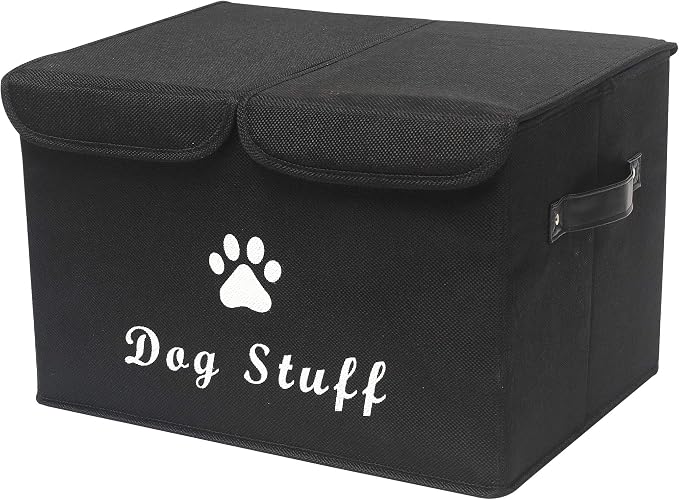 Large Storage Boxes - Large Linen Fabric Foldable Storage Cubes Bin Box Containers with Lid and Handles for Dog Apparel & Accessories, Dog Toys(Black)