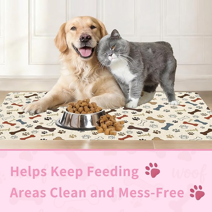 Dog Feeding Mat 30 x 17 Inch, Neutral Paw Bone Woof Dog Placemat Absorbent Quick-Dry for Food and Water, Waterproof Non Slip Rubber Pet Bowl Pad Mat for Floors