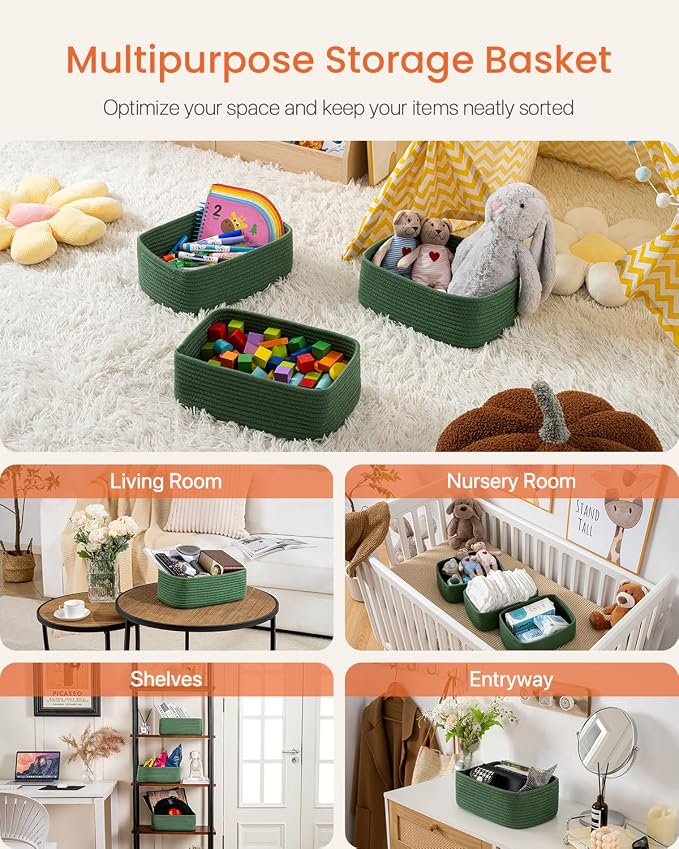 KALLAX Small Woven Storage Basket for Organizing, 12 x 8 x 4.5 inch, 3 Pack | Shelf baskets for closet organization, toy storage and home decor, Perfect as empty gift baskets for holidays, Green