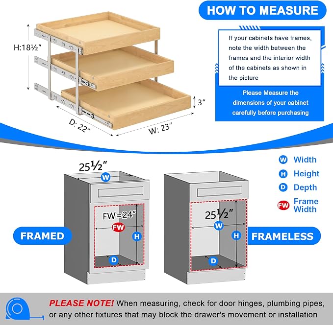 WelFurGeer 3-Tier Pull Out Cabinet Organizer with Soft Close, Heavy-Duty Pull Out Drawers for Cabinets, Slide Out Shelf for Kitchen, Pantry, Bathroom & Under Sink, Solid Birch Wood