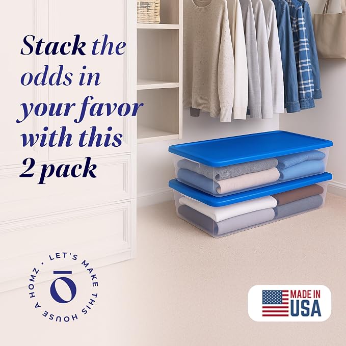 HOMZ 2-Pack Snaplock, Large Clear Plastic Storage Organizer Bins w/Lids, 41 Quart, Blue - Stackable Container Boxes for Bedroom, Bathroom, Garage, and Office Organization