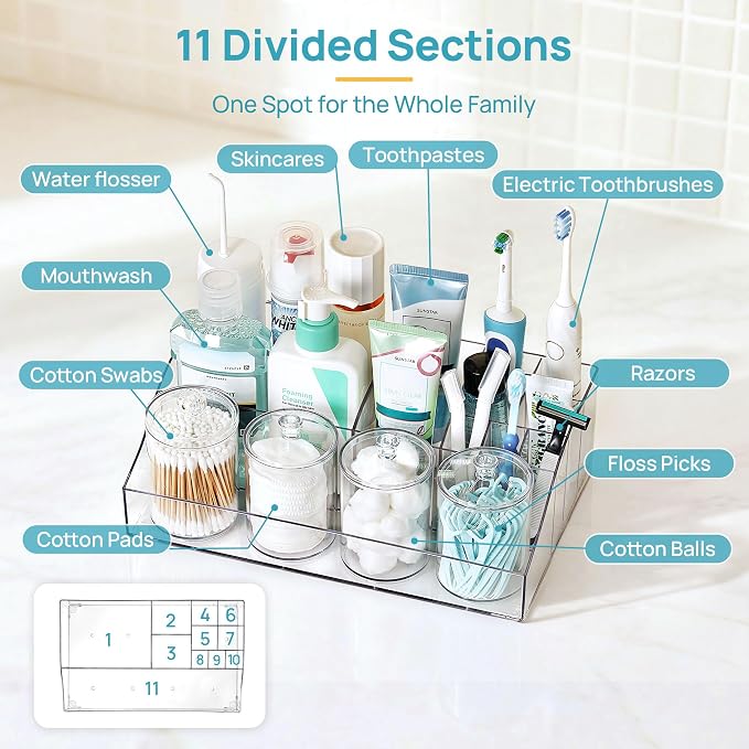 Vtopmart 5 PCS Bathroom Countertop Organizer Sets | 1 Divided Tray, 4 Qtip Holder Jars, Clear, For Toothbrush, Cotton Pads, for bathroom countertop