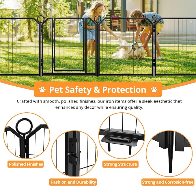 Steel Dog Playpen with Lockable Door & Ground Stakes, 24”H 8 Panels Puppy Playpen, Foldable Dog Fence for Indoors/Outdoor/Yard/RV/Camping