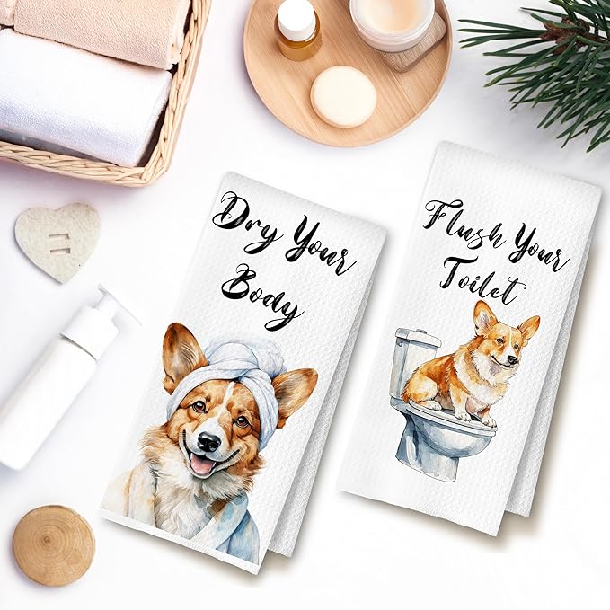 Funny Corgi Dog Hand Towels for Bathroom Washroom, Gifts for Corgi Lovers Women Men, Dog Bathroom Decor, 16x24 Inch Set of 4