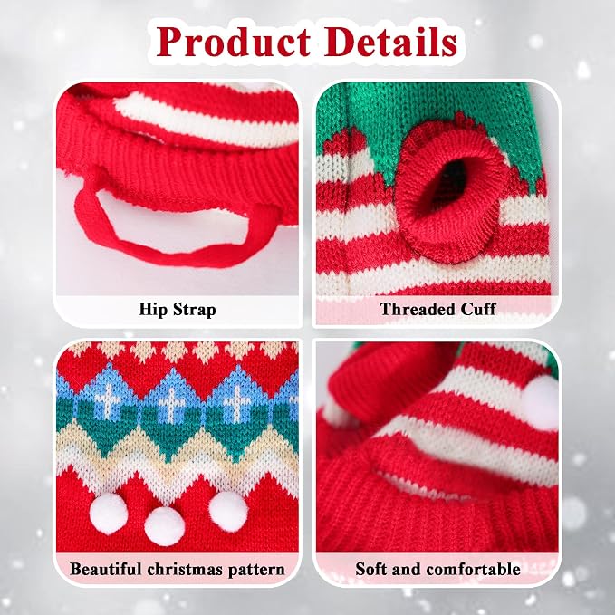 2 Pcs Puppy Christmas Sweaters Winter Pet Knitwear Xmas Dogs Outfits Christmas Elf Costume Warm Clothes for Cat Kittys Puppies
