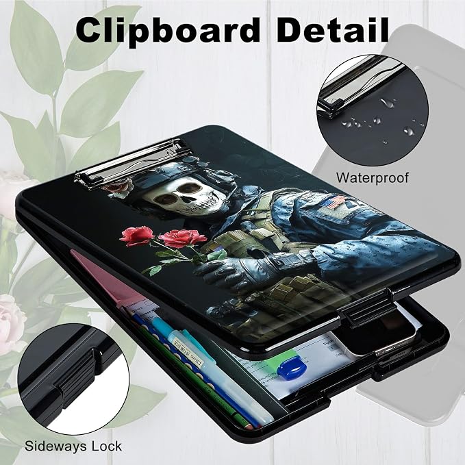 Heavy Duty Storage Clipboard, Slim Nursing Clipboard with Internal Pen Case, Portable File Organizer Case for A4 Letter Size Paper Office Medical Professionals, Skull Man Flower