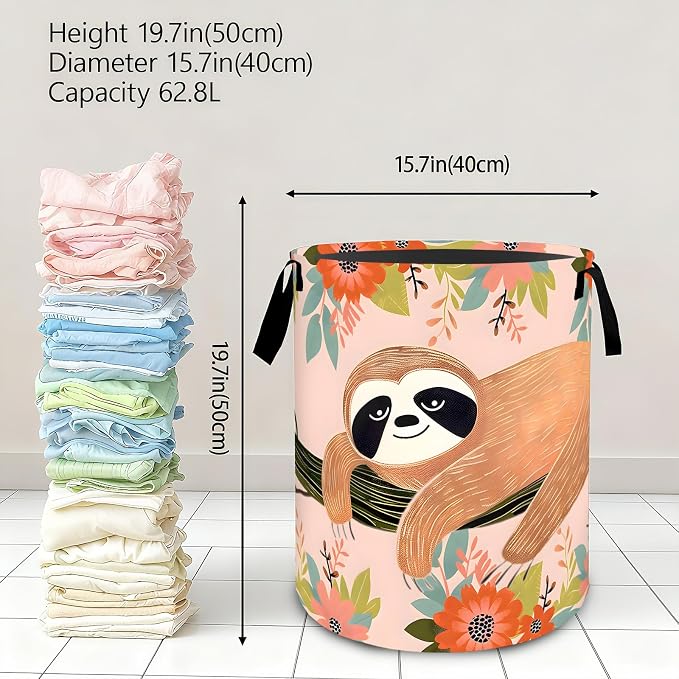 Playful Sloth Floral Laundry Basket,Dirty Clothes Hamper,Cute Animal and Flower Storage Bin Gifts,Foldable Waterproof Oxford Cloth Baskets for Bathroom,Bedroom,Home Decoration(19.7" x 15.7")