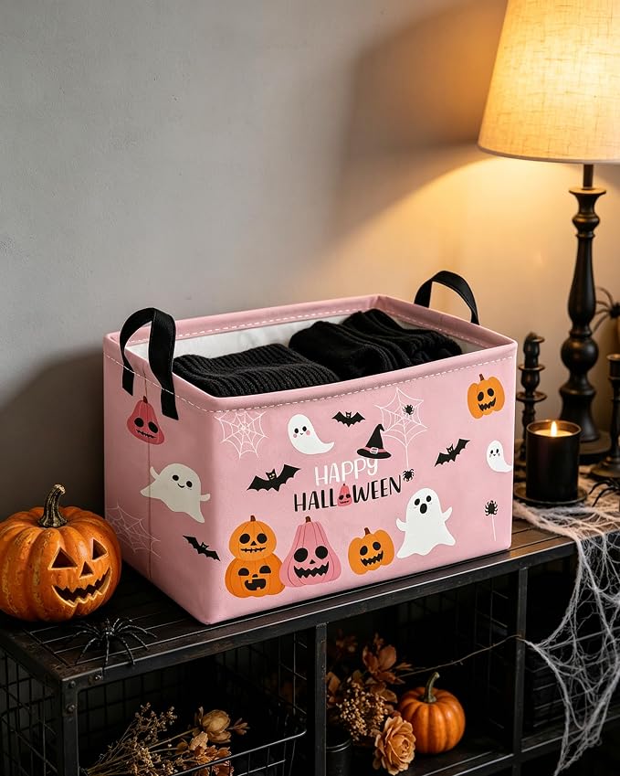 Essme Rectangular Halloween Basket,Kids Storage Bins Organizer with Handles for Room Decor, Gift Basket,Shelf Basket.(Cute Halloween)