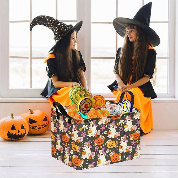 Halloween Pumpkin Ghost Storage Basket, Foldable Toy Organizer Bin | Halloween Pumpkin & Ghost Design with Cotton Linen Fabric, Waterproof Lining, Leather Handles and Foldable Storage Style