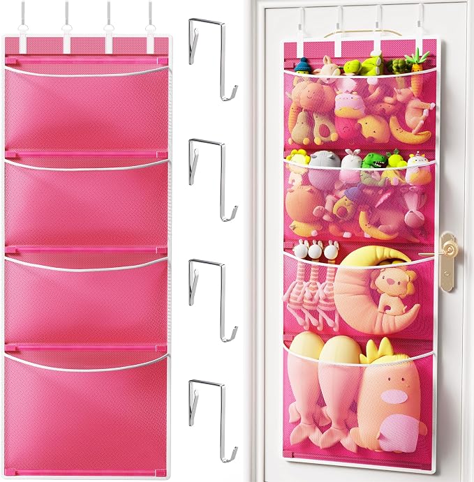 Over the Door Hanging Organizer, Extra-Large Door Storage Organizer with 4 Deep Mesh Pockets, Space-Saving Hanging Storage for Bedroom & Home Organization, Pink