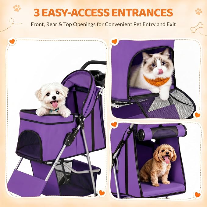 ZENY Foldable Pet Stroller, Cat/Dog Stroller with 4 Wheels | Pet Travel Carrier Strolling Cart with Storage Basket, Cup Holder (Purple)