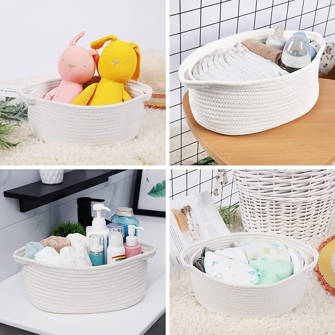 ABenkle Small Basket with Handles, Boho Decorative Rope Woven Dog Cat Toy Storage Bin Shelf Storage Organizer, Easter Christmas Gift Basket, 12"x8"x5", White
