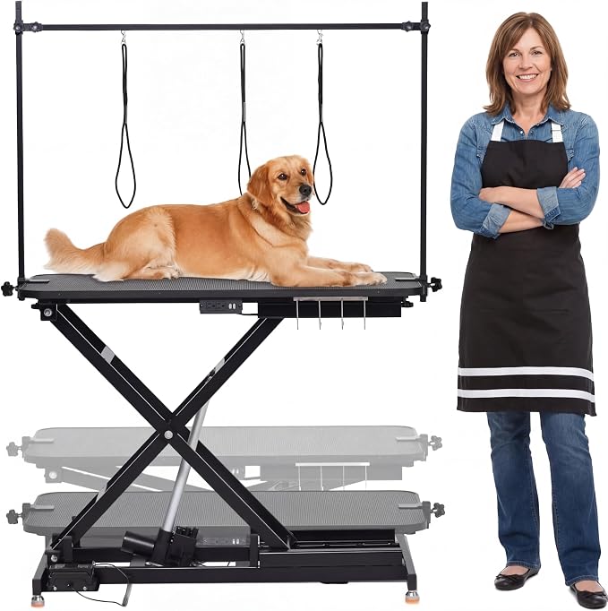 47 Inch Dog Grooming Table, Electric Hydraulic Pet Grooming Table, Dog Grooming Station with Aluminium Overhead Arm, Anti Slip Tabletop, Tool Organizer, Height Adjustable, 264 LBS Capacity, Black