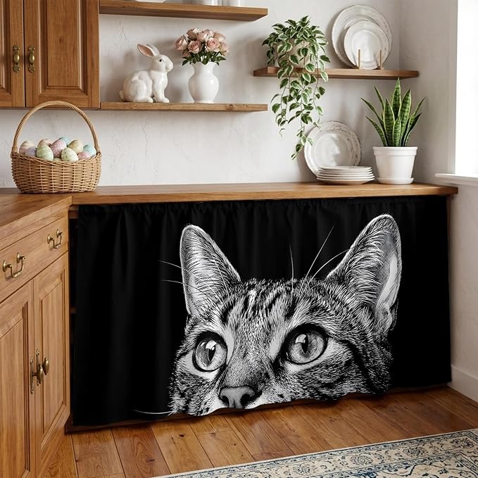 Cute Cat Cabinet Curtain 32"Wx55"L, Dustproof Pantry Door Curtain with Self Adhesive Tape, Vintage Funny Pet Cat Portrait Black Tall Storage Cover Privacy Drape for Bathroom Kitchen Laundry Room