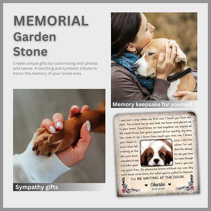 Wrappiness Pet Memorial Stone - I Will Be Waiting at Door, Personalized Dog Memorial Gifts, Remembrance Condolences Bereavement Gifts for Loss of Pet Custom Photo (Square 02, Stone with Stand)