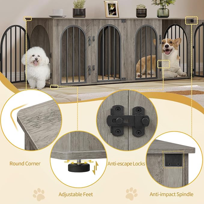 Hzuaneri 63" Double Dog Crate Furniture, Dog Kennel Indoor with Cushion | Heavy Duty Dog Crate Furniture for 2 Dogs,Dog Cage End Table TV Stand with Divider for Med-Large Dogs,Greige Black DFC80905B