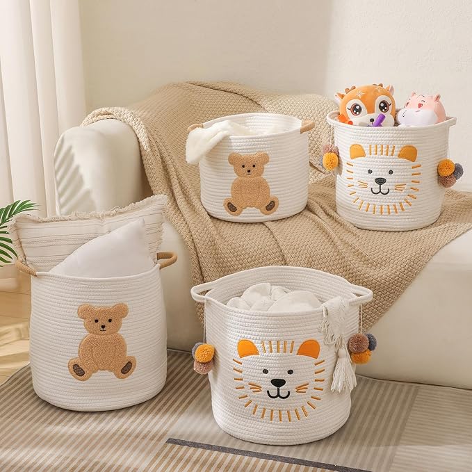 Large Blanket Baskets for Living Room, Teddy Bear Baskets Toy Storage Basket, 14" x 14" Woven Cotton Rope Basket for Kids, Toys Organizer Clothes Hamper with Embroidery, Teddy Bear Nursery Decor