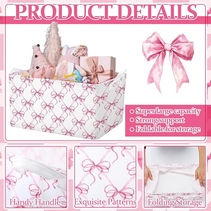 4pcs Christmas Storage Basket Fabric Laundry Baskets with Handle Xmas Foldable Organizer Boxes for Office Home Baby Cloth Toy Book 15 x 10 x 8 (Pink Bowknot)