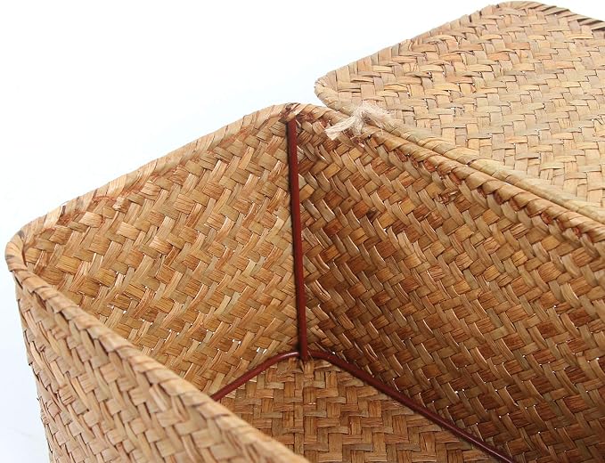 FEILANDUO Mini Wicker Shelf Storage Baskets with Lid, Set of 3, (S/M/L) | Handwoven Seagrass Small Decorative Boxes, Desktop Makeup Organizer, Multipurpose Container