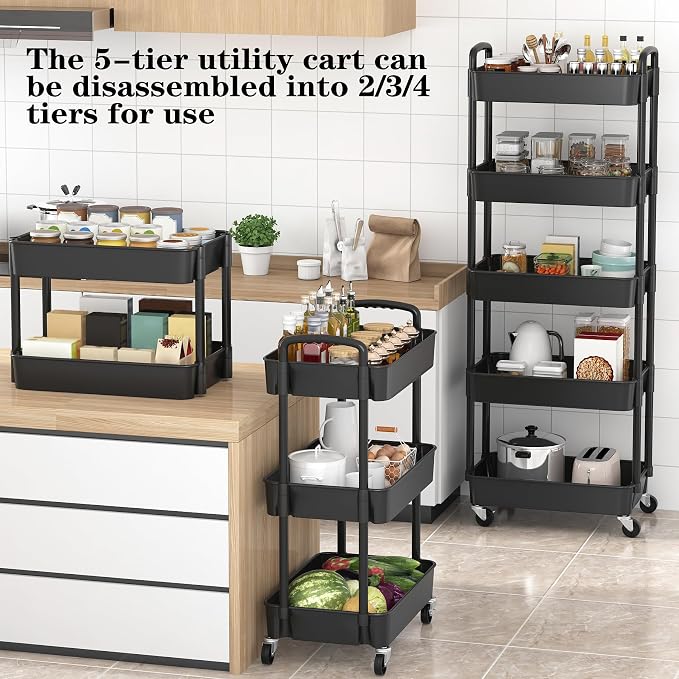 Sywhitta 5-Tier Plastic Rolling Utility Cart with Wheels,Black | Multi-Functional Storage Trolley, for Office, Living Room, Kitchen, Bathroom,Movable Organizer,Space-Saving,Easy to assemble