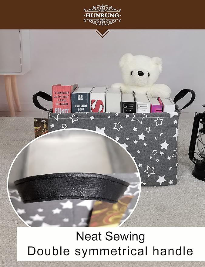 Rectangle Foldable Storage Basket Handles For Home, Grey star | Waterproof reinforced handles, perfect for shelf use, organizes clothes, daily items and pet supplies