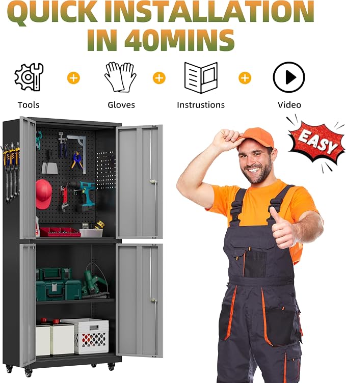 71''H Garage Storage Cabinet with Wheels, Meatl Storage Cabinet with Lock | Tool Storage Cabinet, Steel Tool Cabinet with 4 Doors and Shelves for Garage, Warehouse, Assembly Required, Gray