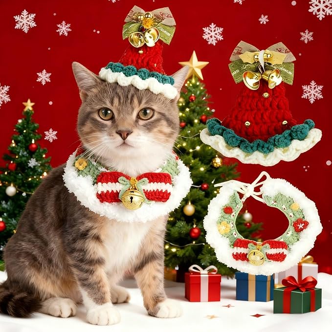 Christmas Dog Costume, Handmade Cat Holiday Outfit with Christmas Tree Hat & Wreath Scarf Set, Adjustable,Lightweight & Breathable,Pet Accessories for Rabbits Xmas Party & Photos