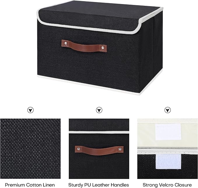 ANMINY Fabric Storage Box Bins with Lids, Black, 13"x9"x7.9", 4 Pack | Keepsake Memory Storage, Cotton Linen, PP Board Reinforced, Washable, PU Handles, Foldable & Stackable, Decorative, Medium