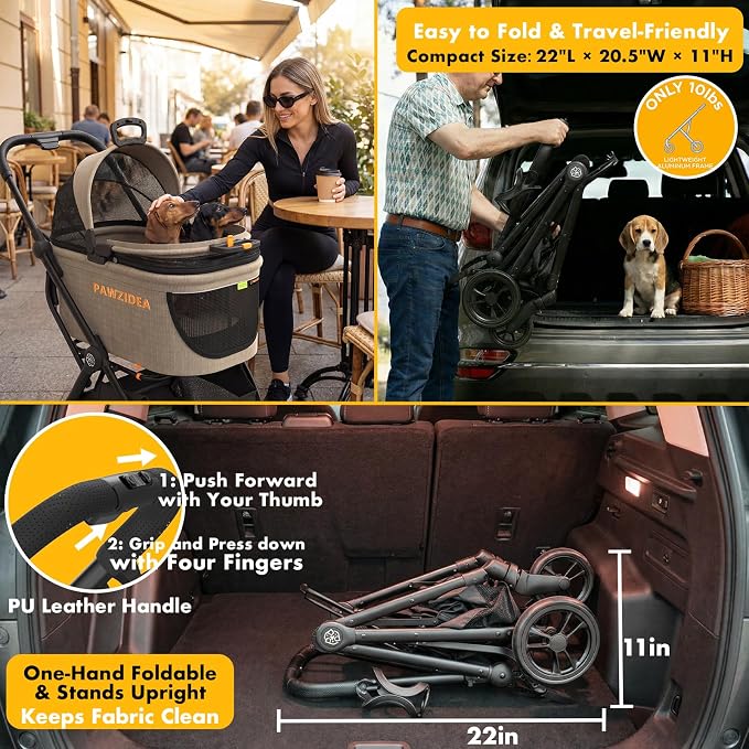 PAWZIDEA Pet Stroller 4-in-1, Foldable Dog Stroller with Detachable Carrier | Escape-Proof No-Zip Canopy, Portable Travel Crate & Car Seat Combo, for Small to Medium Dogs & Cats up 33 lbs, Storage Basket