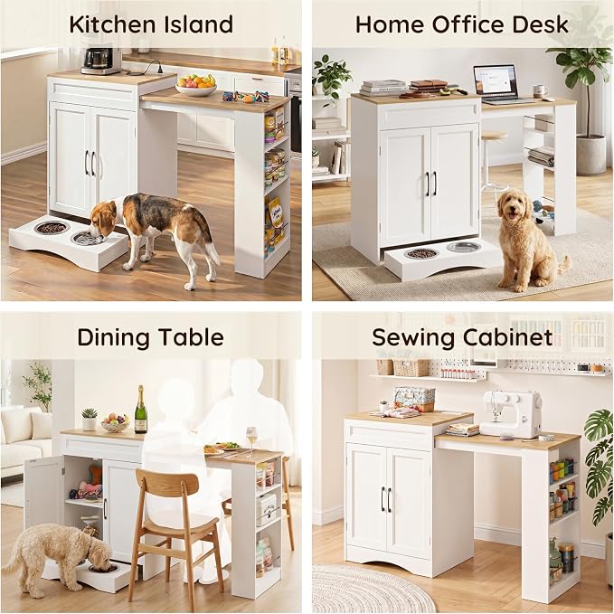 Furnaza 49.2" Dog Food Storage Cabinet with Power Outlets and Hidden Bowls | Wood Kitchen Island with 3-Tier Shelf ,Pull-Out Countertop,Pet Feeding Station for Small Space, Kitchen, Living Room,White