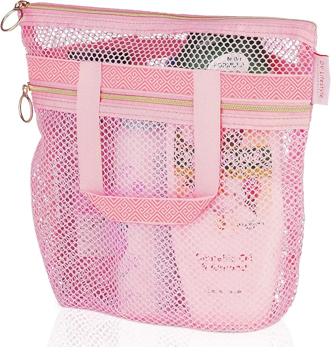 Mesh Shower Bag 10.2x9.9'' Quick-Dry Caddy with Zipper & 2 Pockets. Portable Toiletry Tote for Bathroom, Gym, Travel, Camp, Beach, for Sunscreen, Dorm & College Essentials (Pink)