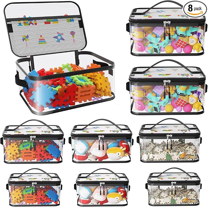 8 Pcs Large Clear Toy Storage Bags with Labels, Handles, Zippers, L+XL+XXL | Large Capacity, Transparent PVC, Waterproof Dustproof, Space-saving, Portability for Building Blocks, Puzzle, Dolls, Travel
