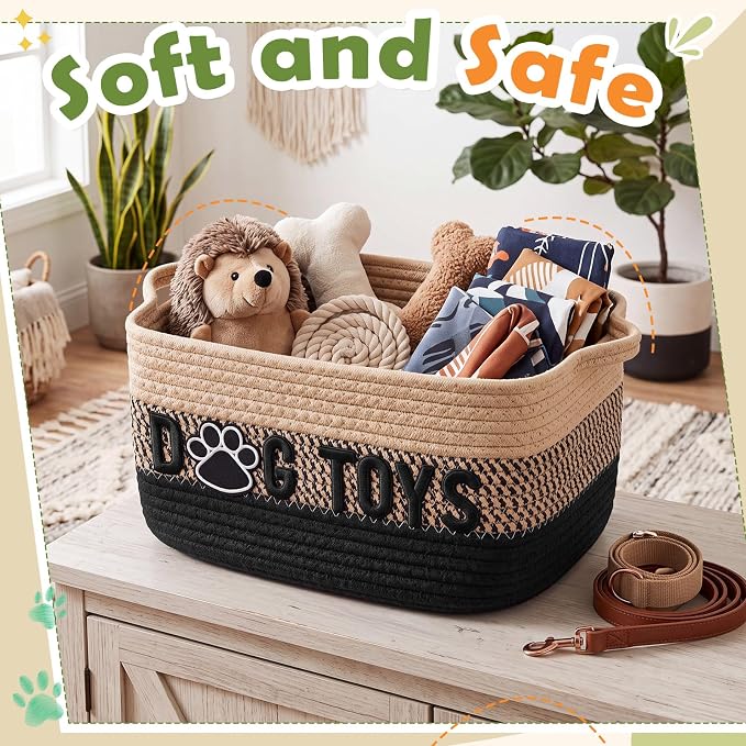 Large Dog Toy Basket with Handle, Quality Cotton Rope Dog Toy Bin | 17"x13"x7" Woven Baskets for Organizing, Large Pet Toy Storage Organizer for Accessories Coat Clothing Blanket Leash