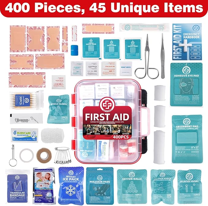 400 Piece First Aid Kit, Organized Dual-Layer Wall-Mountable Hard Case | Sturdy Case, Complete Medical Kit for Home, Car, Camping, Travel, Hiking, Truck, Office, Sports & Outdoor Emergencies