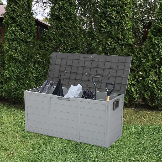 Outdoor Storage Box with Wheels, 75 Gallon Mobile Waterproof Resin Deck Box, Plastic Lockable Containers for Backyard Patio Cushions, Garden Tools, Pool Accessories, UV-Resistant Furniture