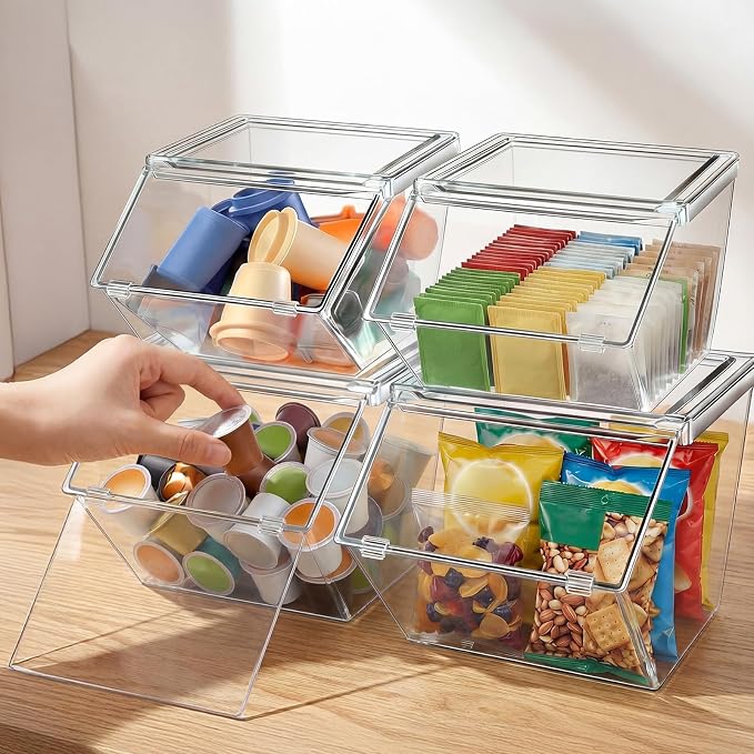 Yerliker 4 Pcs Clear Plastic Storage Bins with Lids Stackable Pantry Storage Organizer Kitchen Cabinet Organizers Ideal Containers for Coffee Pod Tea Sugar Bag Cabinet Home (Large)