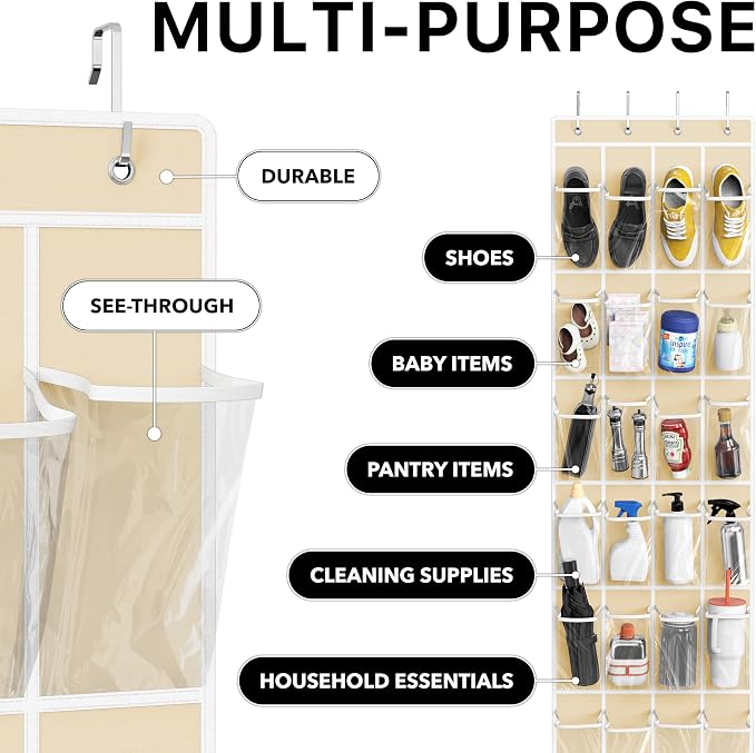 Simple Houseware 24 Pockets Clear Over the Door Shoe Organizer, Beige | 64" x 19", 4 Durable Metal Hooks, 4.3" x 9.5" Pocket Size, Multipurpose