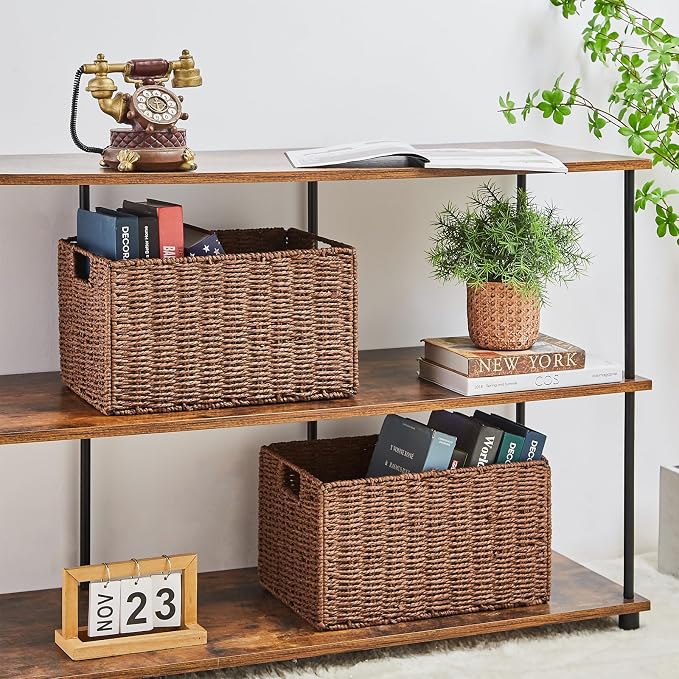 Vagusicc Large Wicker Storage Basket, Set of 2 Baskets for Organizing Brown | Hand-Woven Wicker Small Storage Baskets for Organizing Toilet Paper, Foldable Large Cube Storage Organizer Bins for Shelves
