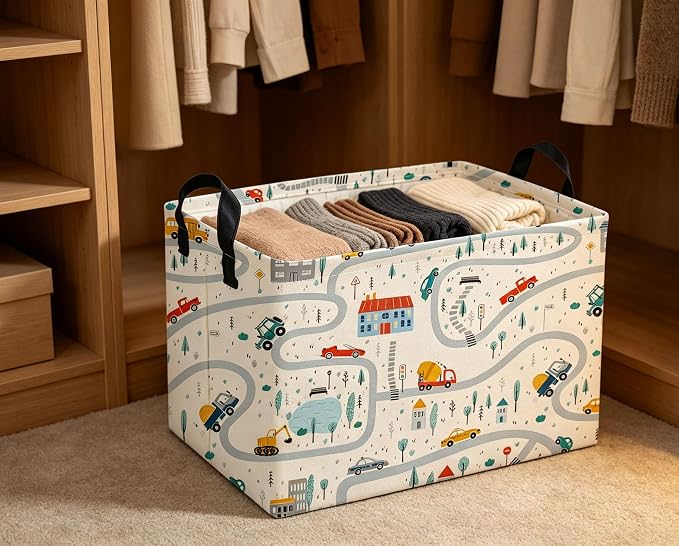 Rectangle Kids Baskets Car Basket Boys Storage Bin Fish Box for Room Decor Gift Basket(Road car)