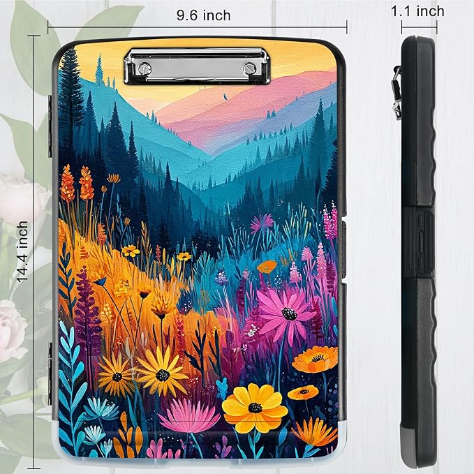 A4 Clipboard with Storage Pen Holder, Clipboards Organizer Nursing Clipboard Foldable File Folder Plastic Clipboard Folio Clip Board for Office Work Classroom Doctor, Mountain Wildflowers