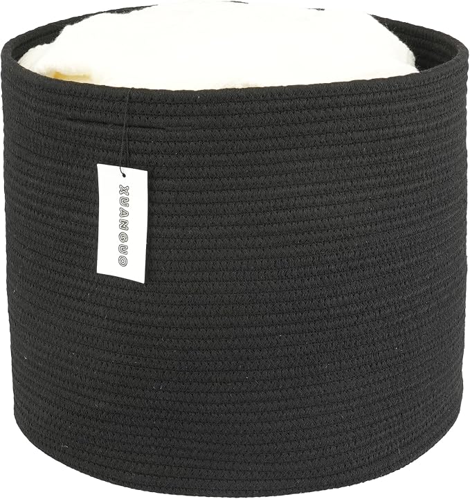 XUANGUO Cotton Rope Basket For Girls Boys Kids 16”X14” Black | Baby Laundry Baskets, Blanket Basket, Nursery Bin; Round Woven Basket Organizer for Toy Storage, Blankets, Shoes and Clothes
