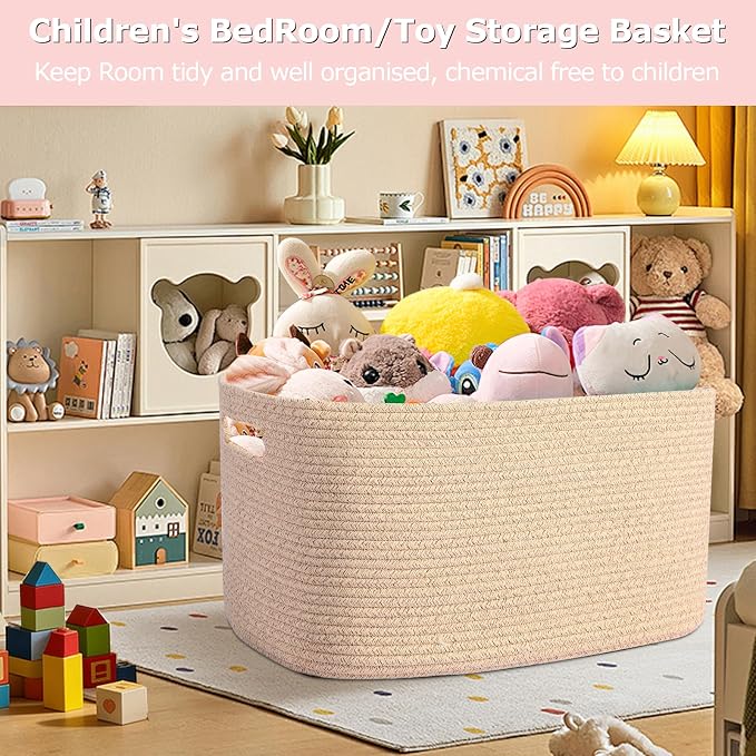 Large 75L Woven Laundry Basket, Collapsible Cotton Rope Storage Hamper for Blankets, Toys, Dirty Clothes, Rectangle Nursery Basket for Living Room, Bedroom, Baby Room - Brown
