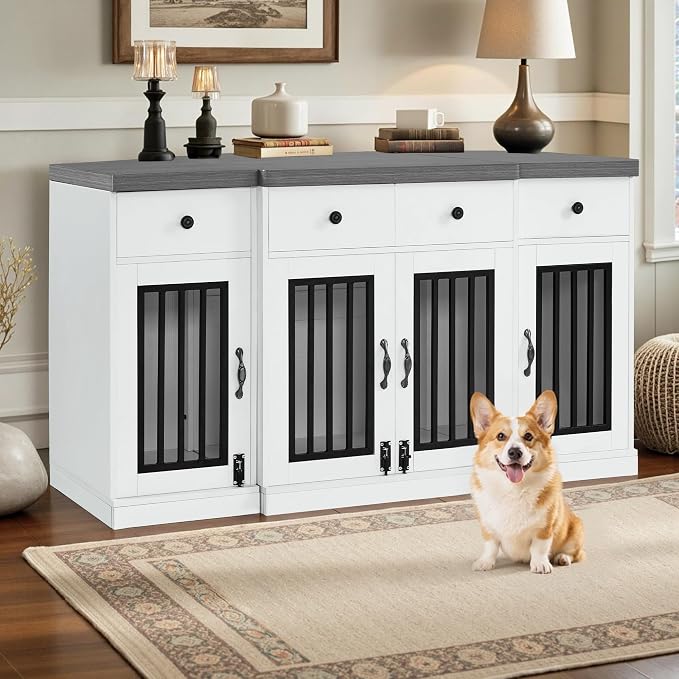 MCombo 55.5" Wooden Dog Crate Furniture with 4 Drawers 1872 White and Grey | 4 Lockable Doors, Indoor as TV Stand, For Medium/Large Dogs, Elegant Handles Design