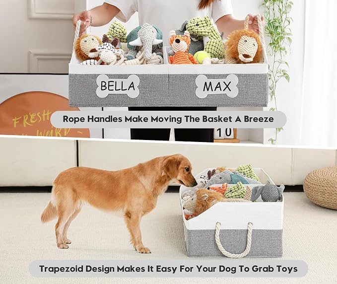 Large Dog Toy Basket, Foldable Dog Toy Bin with Removable Divider & 2 Tags | 61L Dog Toy Capacity, 2-Zone Sorting, Low-Front Pet Access, DIY Tags & Marker, Reinforced Structure, Trapezoid Dog Toy Box