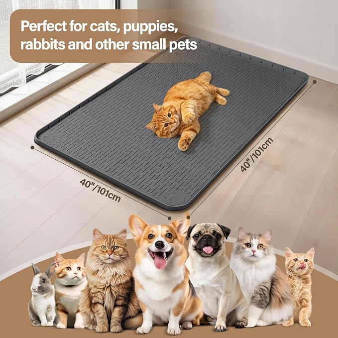 Silicone Cat Bed Mat 40"x40" Pet Crate Mat for Cat Cage, Dark Grey | Extra Large Cat Sleeping Mat, Non-slip, Washable, Waterproof Pet Bed Mat with Raised Edge, Pet Playpen Mat to Protect Floors