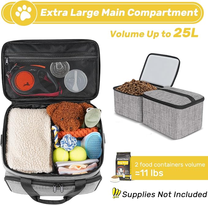 6 Set Dog Travel Bag, Large Pet Travel Kit for Supplies, Grey | Includes 2 Food Containers, 1 Pet Organizer for Dogs, 2 Collapsible Bowls, 1 Treat Pouch, Dog Weekend Overnight Bag Luggage