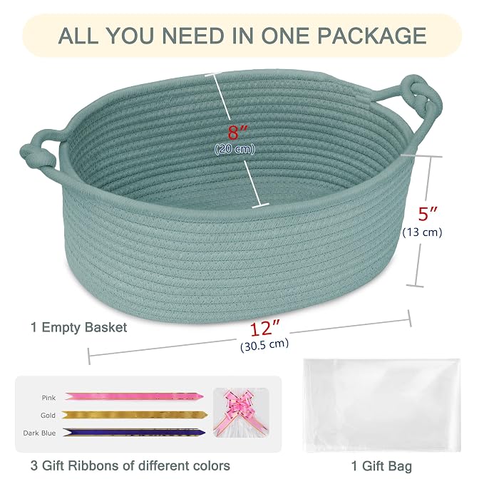 COMSE Small Gift Basket Empty with Bag & Ribbons, Solid Light Green | Cotton Rope, 12"x 8"x 5", Pet Toy Storage Organizer, Woven Basket for Birthdays, Baby Showers, Mother’s Day, Valentine’s Day