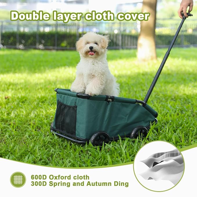 Mini Dog Stroller, Foldable Pet Stroller for Small Dogs & Cats with Safety Rope, Storage Basket & Built-in Cushion - Extendable Handle, Lightweight Carrier for Travel, Walking, Vet Visits (Green)