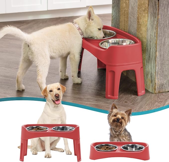 IRIS USA Elevated Dog Bowls, Dual Height 4.63" or 12.25" Made in USA, Black | Includes 2 Stainless Steel Bowls (64oz), Spill Guard, Height Adjustable, Non-Slip Feeder, Helps Reduce Neck Strain